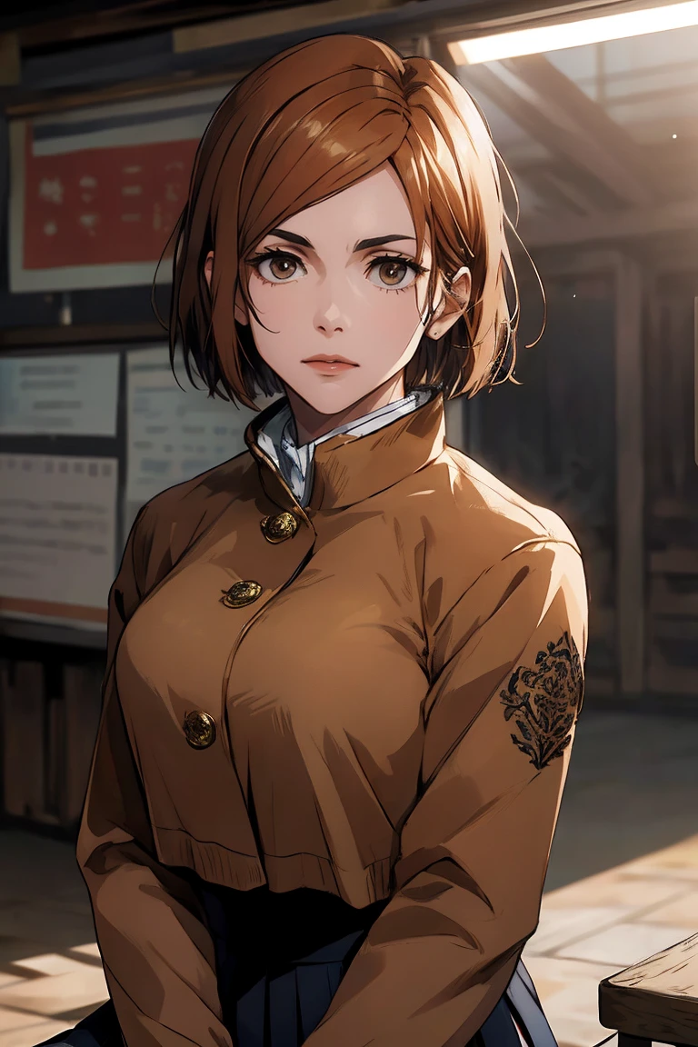 1girl, cowboy shot, beautiful Nobara, school_uniform, bangs, jacket,, volumetric lighting, best quality, masterpiece, intricate details, tonemapping, sharp focus, hyper detailed, trending on Art Station, 4k, upper body, backwards, sitting
