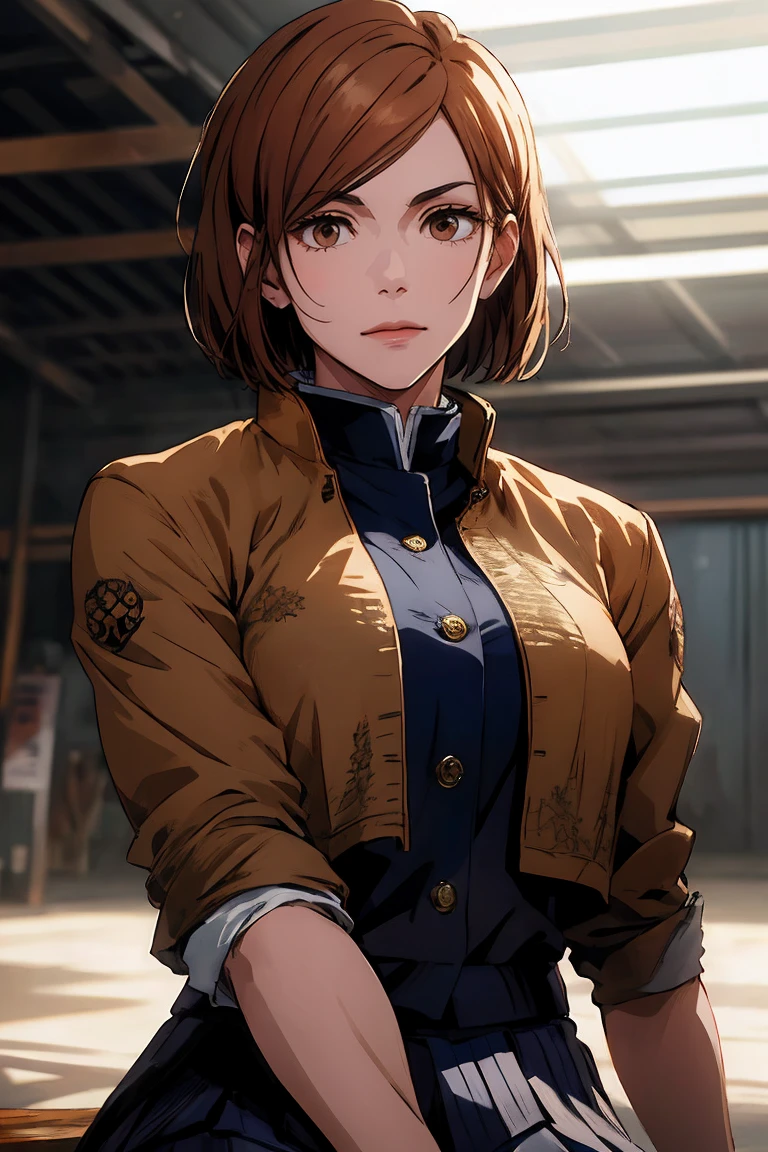 1girl, cowboy shot, beautiful Nobara, school_uniform, bangs, jacket,, volumetric lighting, best quality, masterpiece, intricate details, tonemapping, sharp focus, hyper detailed, trending on Art Station, 4k, upper body, backwards, looking back