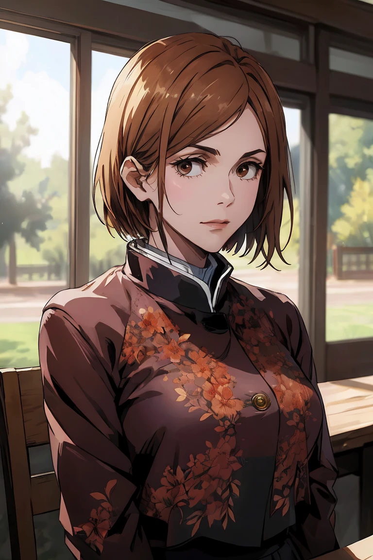 1girl, cowboy shot, beautiful Nobara, school_uniform, bangs, jacket,, volumetric lighting, best quality, masterpiece, intricate details, tonemapping, sharp focus, hyper detailed, trending on Art Station, 4k, upper body, backwards, looking back