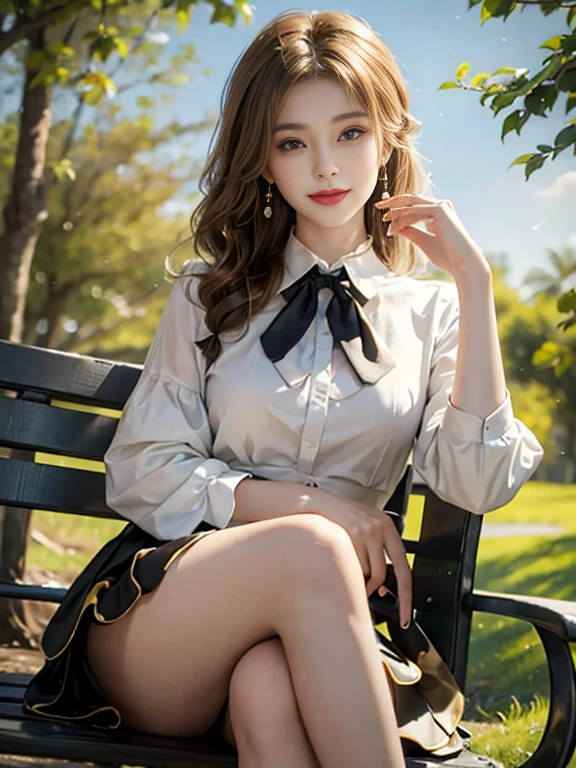 ((whole body)), ((from below)), ((sitting on a park bench)), ((realistic)), 1 girl, looking at viewer, detailed scene, Curly hair, air bang, beautiful hair accessories, brownish yellow hair, ((white colored blouse, short black tight skirt, neck bow tie, high heel)), (Campus Style), warm lighting, warm color palette, More details, very detailed, (masterpiece, best quality), (Very detailed and beautiful work), delicate earrings, delicate necklace, simple blurred background, extreme detail description, Ultra-fine painting, delicate face, slim body, (smile, tooth exposure), (anatomy correct)