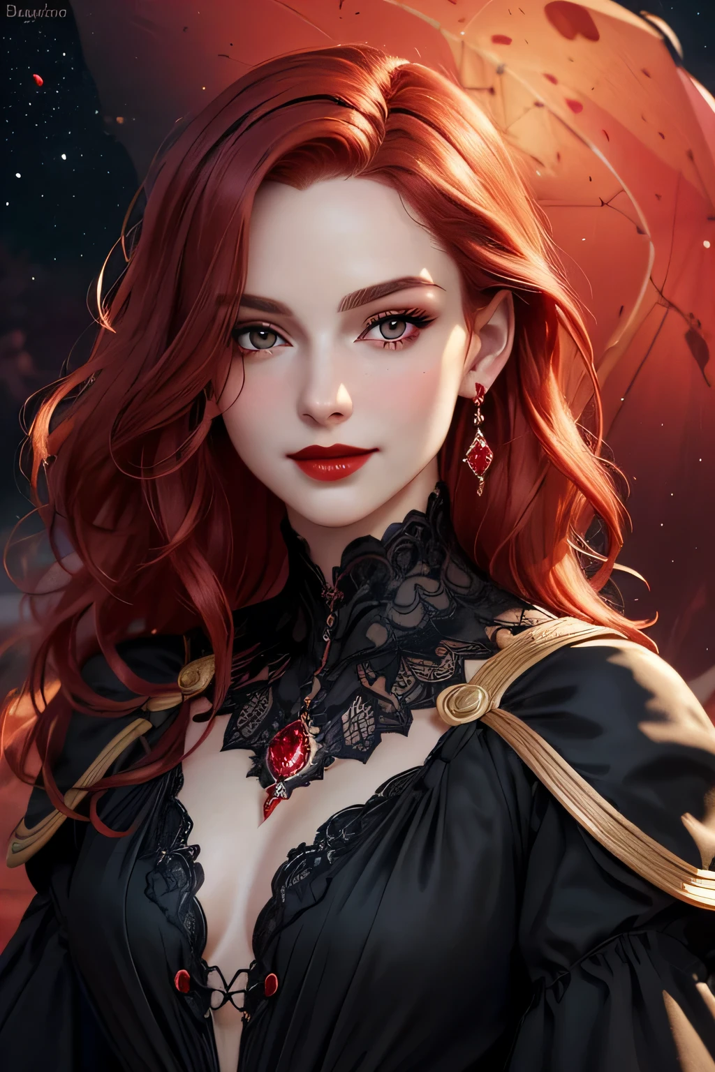 Up close face, (Masterpiece, Best Quality:1.3), absurdres, (8k resolution), illustration, ((outline, thick lineart)), (faux traditional media:1.3), looking at viewer,(masterpiece,best quality),HDR,high-definition,[[Intricate Details]],cinematic,photorealisticportrait shot, ((vivid red hair)), mature woman, 30 years old, diamond face, moonlight, red starry sky background, depth of field, magic, big red lips, ((dark black eyes)) black and red long and full dress, covered chest, mystical atmosphere, smile expression, posing, taut and well defined body, attractive. Highly realistic, pale skin, beautiful, hyperrealism, skin very elaborated, direct gaze ,flower_style,
