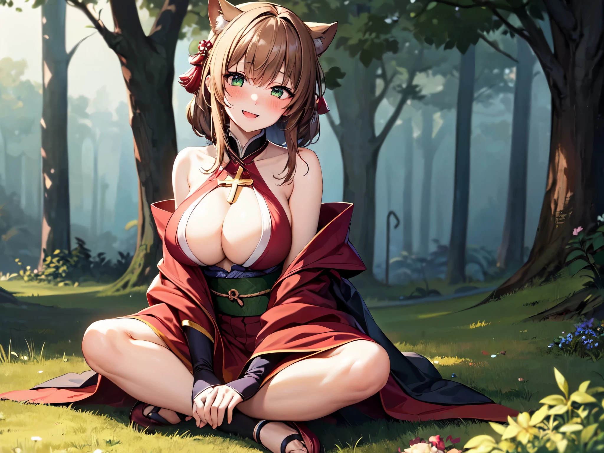 (in the forest:1.2、deep fog、Moonlight night)、(Super beautiful CG、high resolution、highest quality)、(irreverent smile、blush、big breastasterpiece:1.8)、((super quality))、((Ultra-detail illustration))、((stunning CG))、 
medium hair、(brown hair)、(raccoon ears)、
(green eyes)、(Shining eyes:1.2)、1 female、(adult woman:1.3)
kimono、(kimono)、(薄紫色のkimono:1.3)、(柄物のkimono)、band、(open clothes):1.3、(bare shoulders:1.4)、(detached sleeve)、(Wrap a cloth around your chest:1.3)
(sitting:1.3)、(sit on the ground:1.3)、(Cross-legged position:1.5)、(banquet:1.3)、bonfire