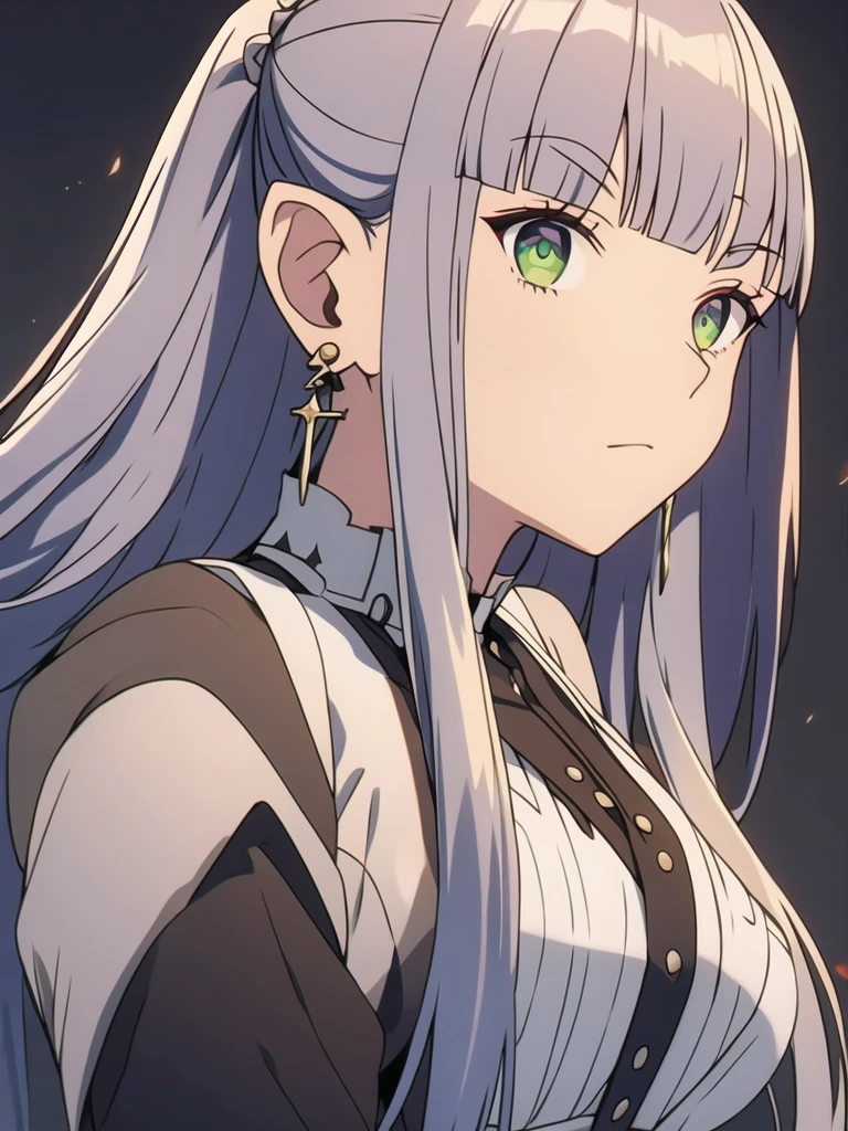 1girl,solo,elf,white hair,grey hair,earrings,pointy ears,long hair,ponytail,green eyes,twintails,parted bangs,thick eyebrows,
