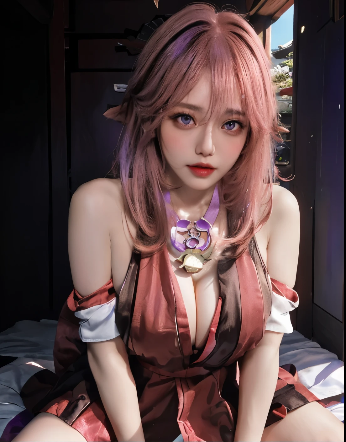 anime style, (masterpiece:1.35),(bestquality:1.4), 8k,ultra-detailed, photography, (ultra-realistic:1.4), shooting by Sony x9 mirror less camera, female focus, mature female, (sexy Asian female:1.45), adult, bare shoulders, blush, open mouth, (1penis inside mouth after sandwiched between the two breasts)!!, fresh lips, detached sleeves, earrings, fingernails, fox ears, hair between eyes, hair bangs, pink hair, very long hair, detailed realistic hair, symetrical hair ornament, japanese clothes, miko's clothes, detailed realistic clothes, jewelry, purple gemstone, detailed jewelry, short dumbbell neck, neck garter, leather necklace, plump breasts, (breast cleavage)!!, covered chest, (the hand hold the breast)!!!, super seductive temptation, open skirt, petticoat, fishnet, stockings, smooth thighs cleavage, garter thighs, armpit, erotic, nontraditional miko, (shiny purple eyes pupils:1.25)!!, detailed eyes, (homochromatic eyes)!, cherry blossom, (squatting pose)!!, (fucked by a men)!!, (having sex)!!, (blowjob position)!!, climax together, orgasm face, blush face, (cumshoot)!!, the men grab bare shoulders, (creampie)!!, white slime, (correct anatomically)!!, (sweat)!!!, at tokyo tower
