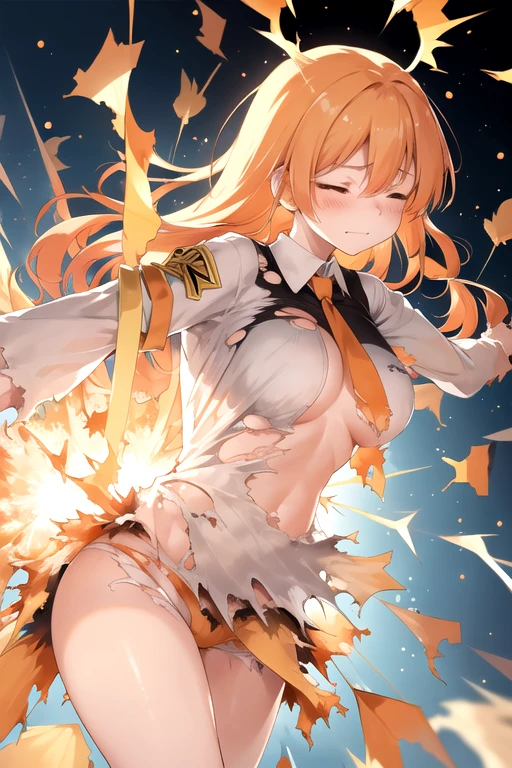 closed eyes, embrassed, blush, touka`s transformation, yellow glowing translucent background, a cartoon woman in uniform, ((((torn clothes:1.3)))), ((((ripping clothes:1.3)))), ((((bursting clothes:1.3)))), kureha touka, 1girl, solo, ager, 17yo, large breasts, orange pleated skirt,platinum hair, long hair, diagonal bang, gold eyes, black blazer, pleated skirt, white things high, orange neckties, collerd shirts, pale orange bra, pale orange panties,