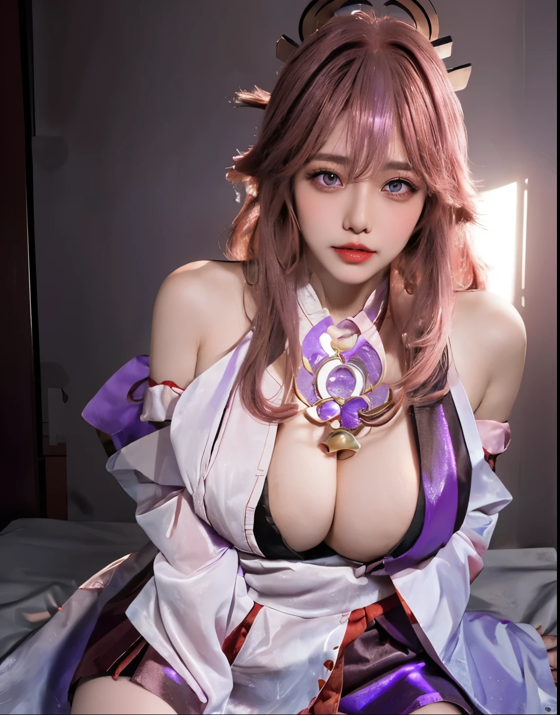 anime style, (masterpiece:1.35),(bestquality:1.4), 8k,ultra-detailed, photography, (ultra-realistic:1.4), shooting by Sony x9 mirror less camera, female focus, mature female, (sexy Asian female:1.45), adult, bare shoulders, blush, open mouth, (1penis inside mouth after sandwiched between the two breasts)!!, fresh lips, detached sleeves, earrings, fingernails, fox ears, hair between eyes, hair bangs, pink hair, very long hair, detailed realistic hair, symetrical hair ornament, japanese clothes, miko's clothes, detailed realistic clothes, jewelry, purple gemstone, detailed jewelry, short dumbbell neck, neck garter, leather necklace, plump breasts, (breast cleavage)!!, covered chest, (the hand hold the breast)!!!, super seductive temptation, open skirt, petticoat, fishnet, stockings, smooth thighs cleavage, garter thighs, armpit, erotic, nontraditional miko, (shiny purple eyes pupils:1.25)!!, detailed eyes, (homochromatic eyes)!, cherry blossom, (oral sex pose)!!, (fucked by a men)!!, (having sex)!!, (blowjob position)!!, climax together, orgasm face, blush face, (cumshoot)!!, the men grab bare shoulders, (creampie)!!, cunnilingus, white slime, (correct anatomically)!!, (sweat)!!!
