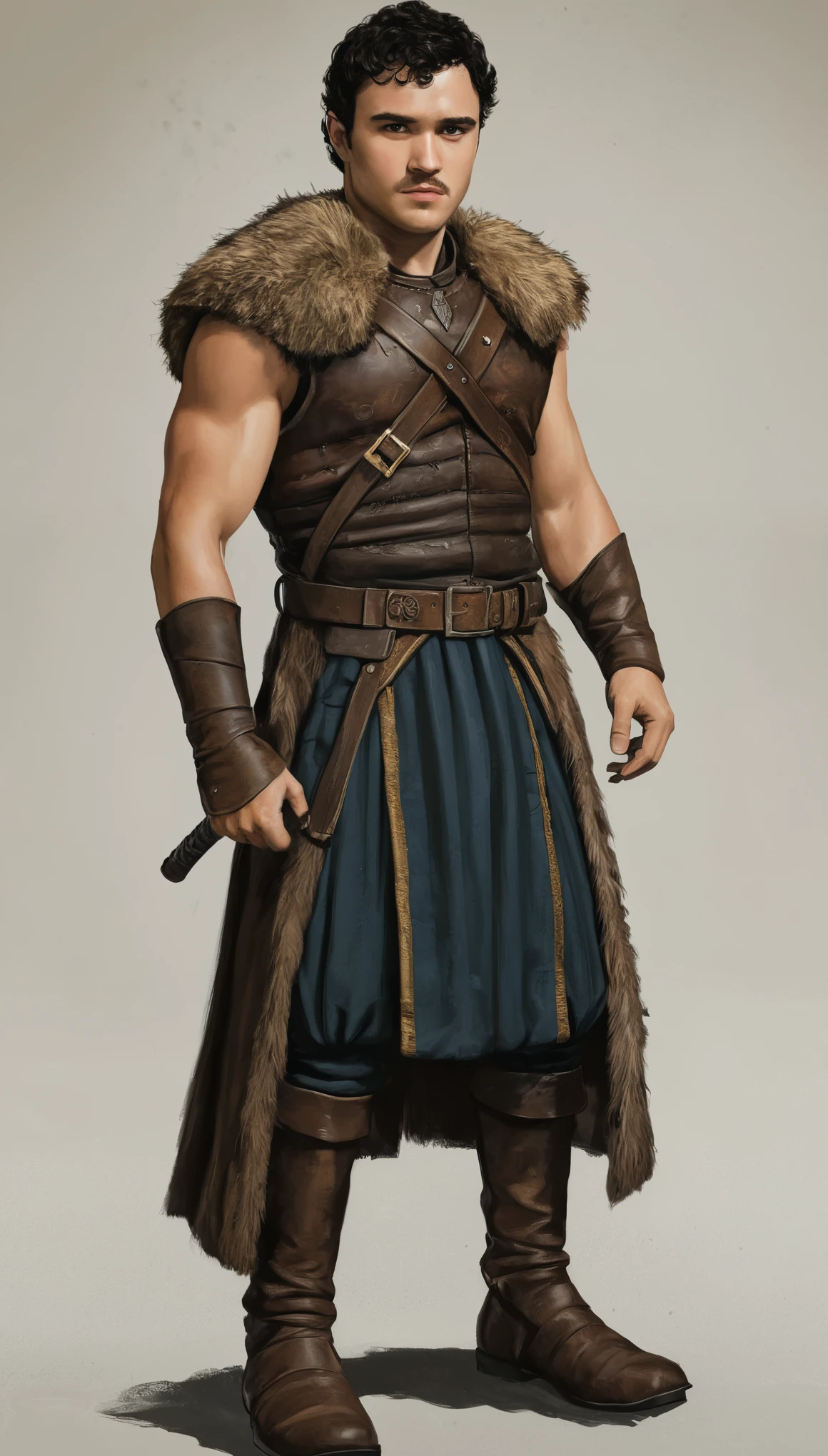 An illustrated movie poster, hand-drawn, full color, a Westerosi ranger, 28 years-old, wearing a vest, resembles Gavin Leatherwood, sun-tanned skin, stocky physique, deep brown eyes, wide bulbous nose, black hair, curly hair, thick bushy eyebrows, extremely hairy chest, stomach, and arms, lots of body hair, posing on a pedestal, hard shadows, graphite shading, stencil markings, airbrushed acrylic paint, masterpiece, in the style of Game of Thrones