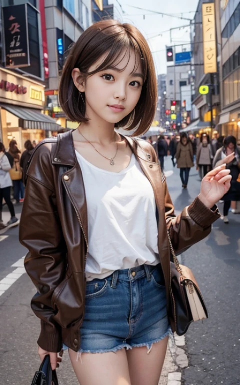 cute 21 year old japanese、city、shopping、super detail face、pay attention to details、double eyelid、beautiful thin nose、sharp focus:1.2、Beautiful woman:1.4、(light brown hair,short hair、),pure white skin、highest quality、masterpiece、ultra high resolution、(Photoreal:1.4)、Highly detailed and professional lighting、nice smile、show your whole body、Nice spring clothes、Nice shoes、boots、