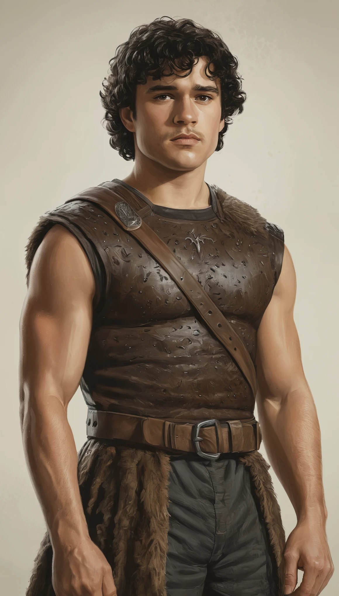 An illustrated movie poster, hand-drawn, full color, a Westerosi ranger, 28 years-old, wearing a vest, resembles Gavin Leatherwood, sun-tanned skin, stocky physique, deep brown eyes, wide bulbous nose, black hair, curly hair, thick bushy eyebrows, extremely hairy chest, stomach, and arms, lots of body hair, posing on a pedestal, hard shadows, graphite shading, stencil markings, airbrushed acrylic paint, masterpiece, in the style of Game of Thrones