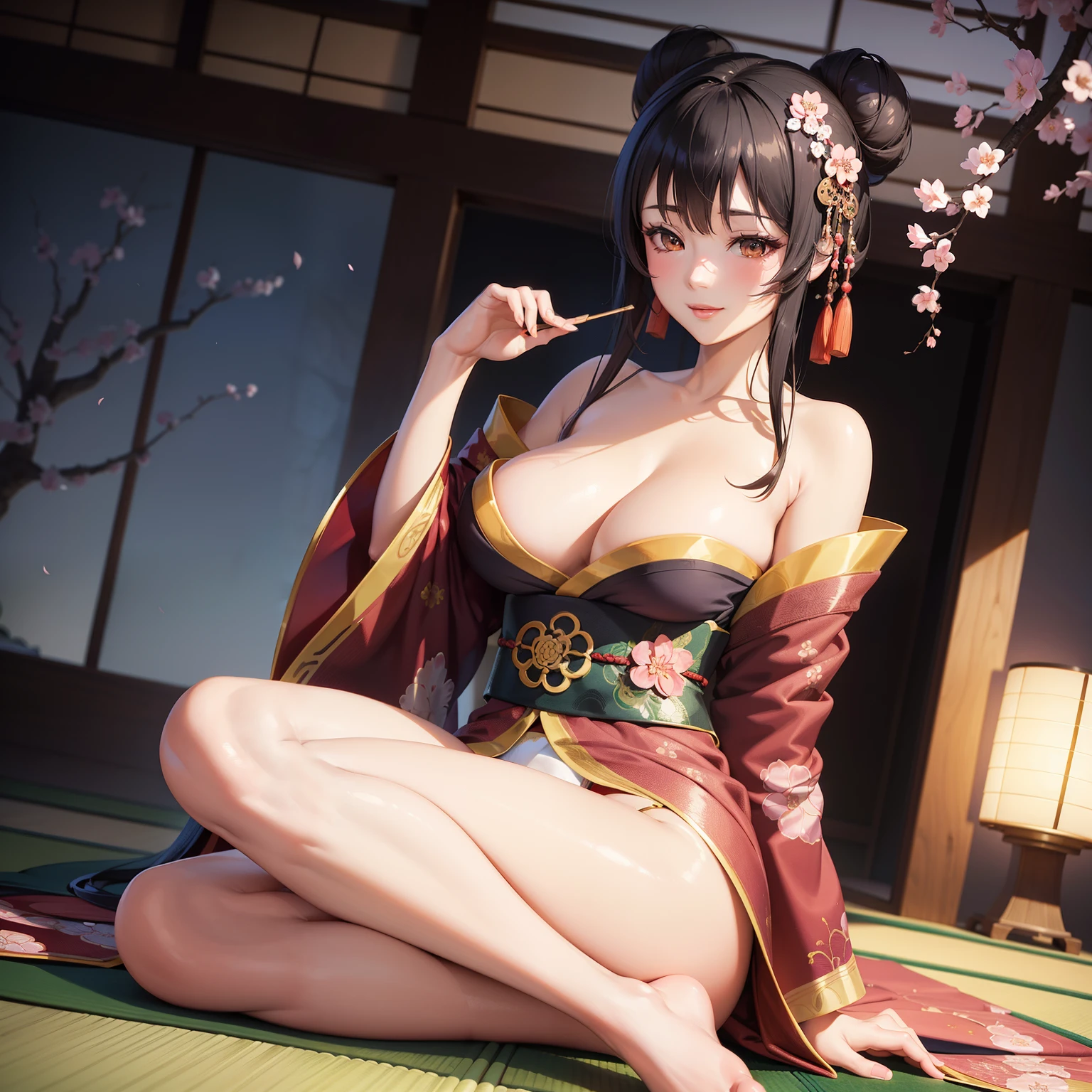 Anime woman, sitting on a mat, in traditional Japanese clothing with intricate patterns, cherry blossoms falling around her, beautiful, detailed skin with a gentle red blush, long, silky black hair styled in a elegant bun, expressing a thoughtful and kindly smile, anime painter studio masterpiece, hyper-realistic style, realistic anime 3D, unparalleled beauty, seductive curves accentuated by a shimmering kimono, anime CG art, smooth and vibrant colors, realistic and rich textures, surrounded by delicate calligraphy and ornate trim, animated background with tranquil water and gentle breeze.