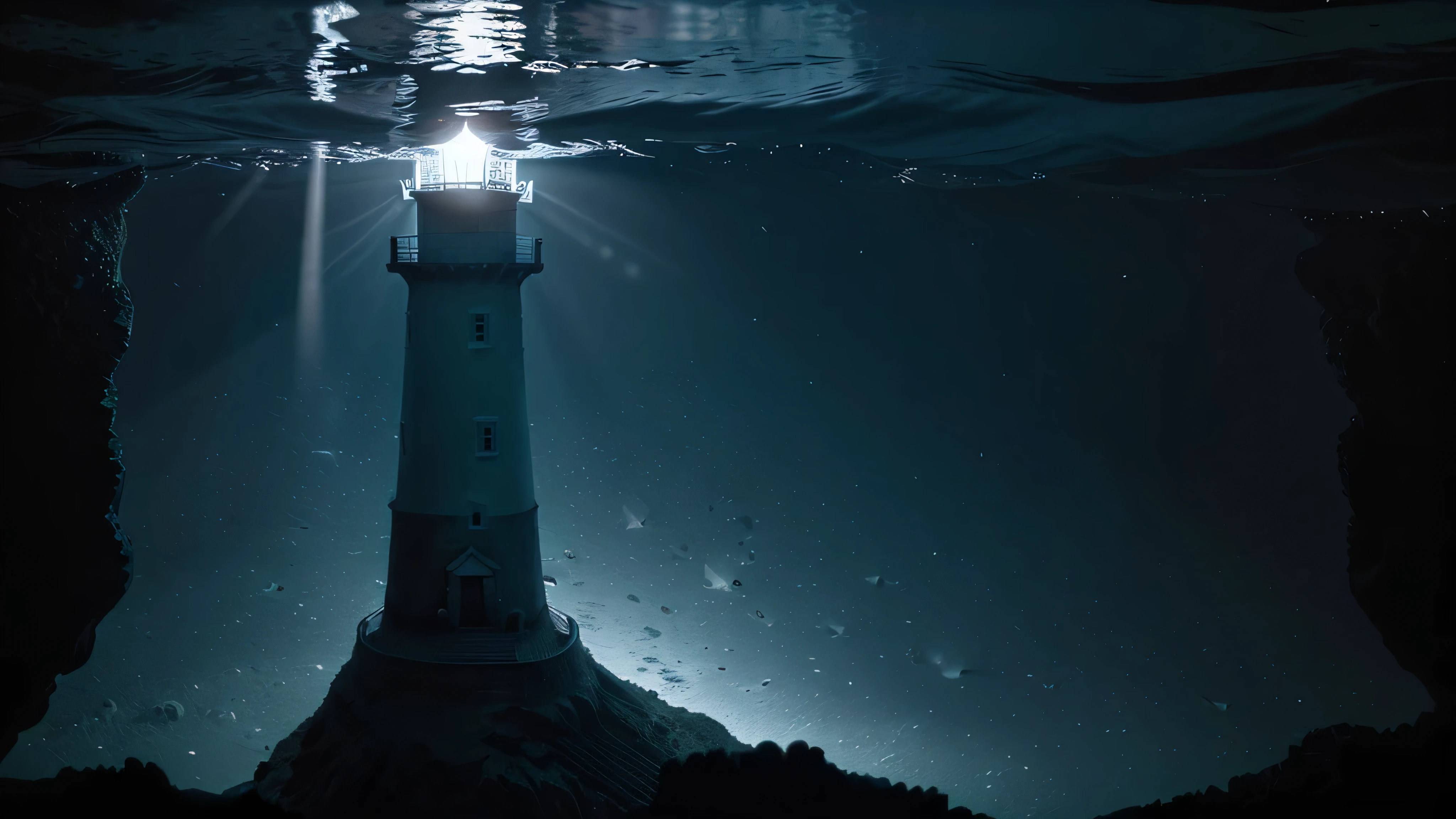 Deep under the sea, abundant marine life, looking from below you can see a lighthouse lit on a moonlit night