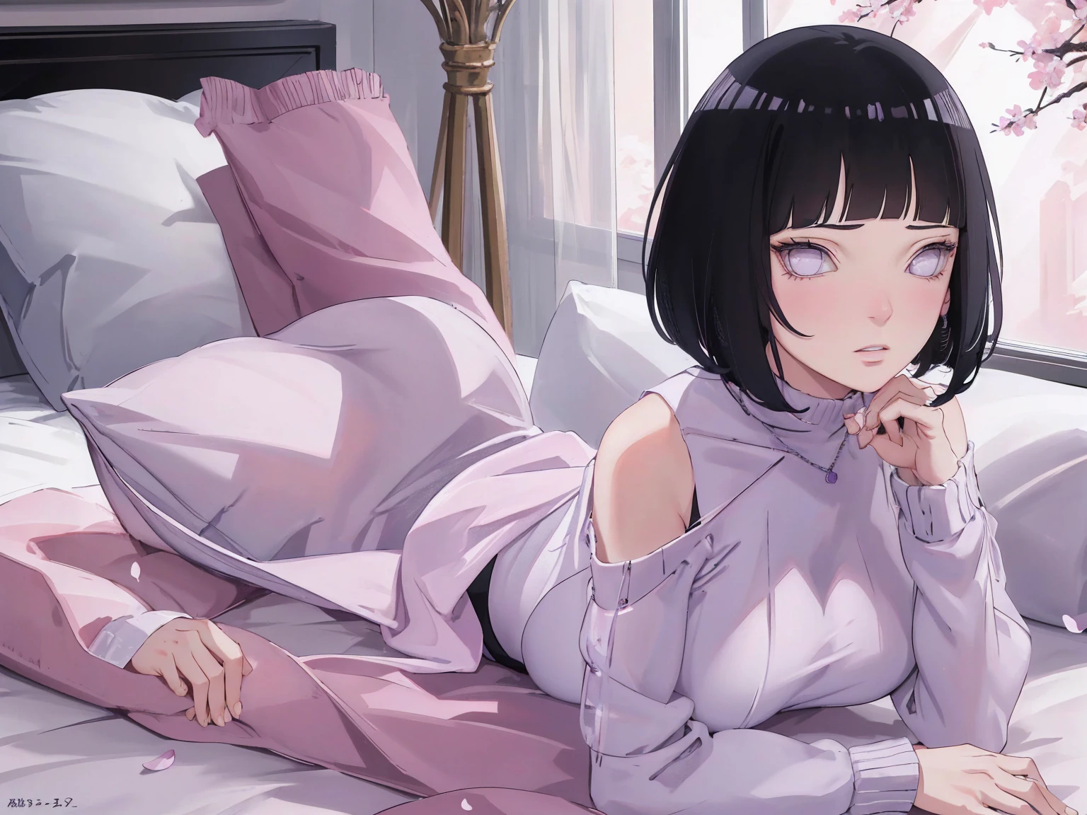 { - anatomy error} (Masterpiece - Ultra-detailed, very high resolution) (huge titusty, masterpiece, absurdres, hinata\(boruto\), 1girl, solo,mature female, off-shoulder bra, high waist black short skirt, looking at viewelling petals), perfect composition, detailed lips, big breast, beautiful face, body propotion, blush, (pink lips), short hair, (black hair), purple eyes, soft gaze, super realistic, detailed, photoshoot, realistic face and body, closed mouth, laying on the bed , Lie on your stomach on the bed, lilac eyes, upper body, lace clothes, with chin resting on shoulder, perfect fingers