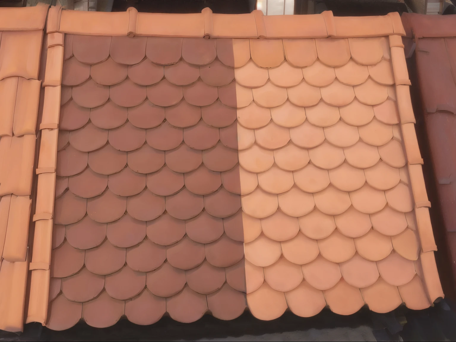 a close up of a roof with a lot of different colored tiles, orange roof, tiled roofs, terracotta, roofing tiles texture, rounded roof, roofs, tiles, detiled, heavy two tone shading, warm shading, intricate detailed roof, star roof, clay, roof background, various colors, architectural finishes, coper cladding, brown scales