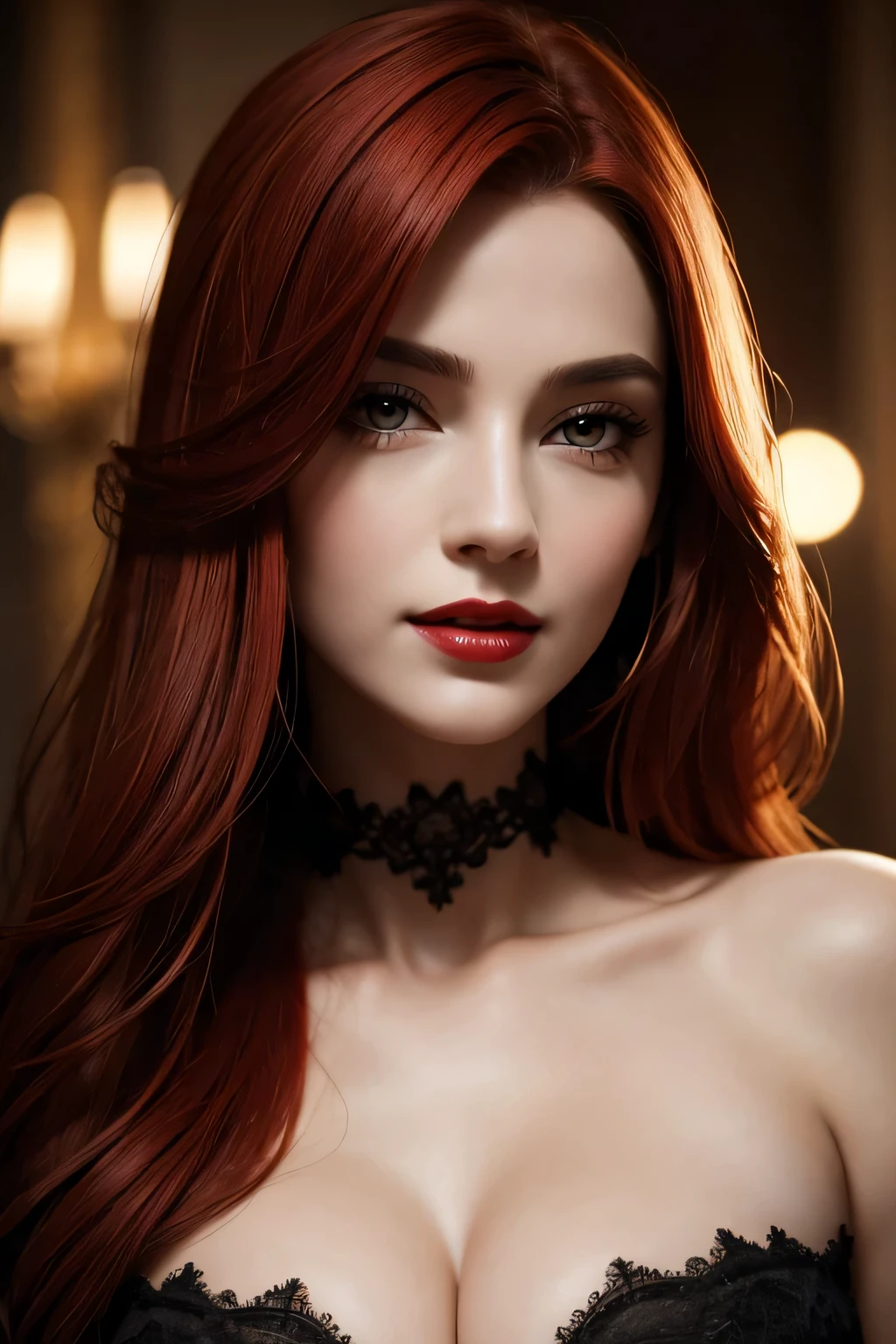 Up close face, (Masterpiece, Best Quality:1.3), absurdres, (8k resolution), illustration, ((outline, thick lineart)), (faux traditional media:1.3), looking at viewer,(masterpiece,best quality),HDR,high-definition,[[Intricate Details]],cinematic,photorealisticportrait shot, ((vivid red hair)), mature woman, 30 years old, diamond face, moonlight, red starry sky background, depth of field, magic, big red lips, ((dark black eyes)) black and red long and full dress, covered chest, mystical atmosphere, smile expression, posing, taut and well defined body, attractive. Highly realistic, pale skin, beautiful, hyperrealism, skin very elaborated, direct gaze ,flower_style,

