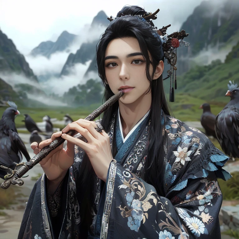 (Best Quality:1.2), (high resolution:1.2), (beautiful face and eye:1.2), (sharpest focus:1.2), (Ultra-realistic Photo:1.2), (Ultra-precise Photo:1.2), (Depth of field:1.2), (8k high resolution:1.2), (perfect anatomy:1.2), (nice hands:1.5),
(perfect hands:1.5), (Very young and masculine and dignified and beautiful Chinese male:1.5), (Beautiful nobleman:1.0), (A beautiful nobleman:1.0), (A shiny black hermit-like garment with fancy embroidery:1.0), (A gentle smile:1.3),
(Playing an iron flute:1.5), (A secluded hermit-like place deep in the mountains of China:1.0), (A mysterious fairyland:1.2), (Birds and animals gathered to listen to the sound of the flute:1.3), (Looking up angle:1.0),