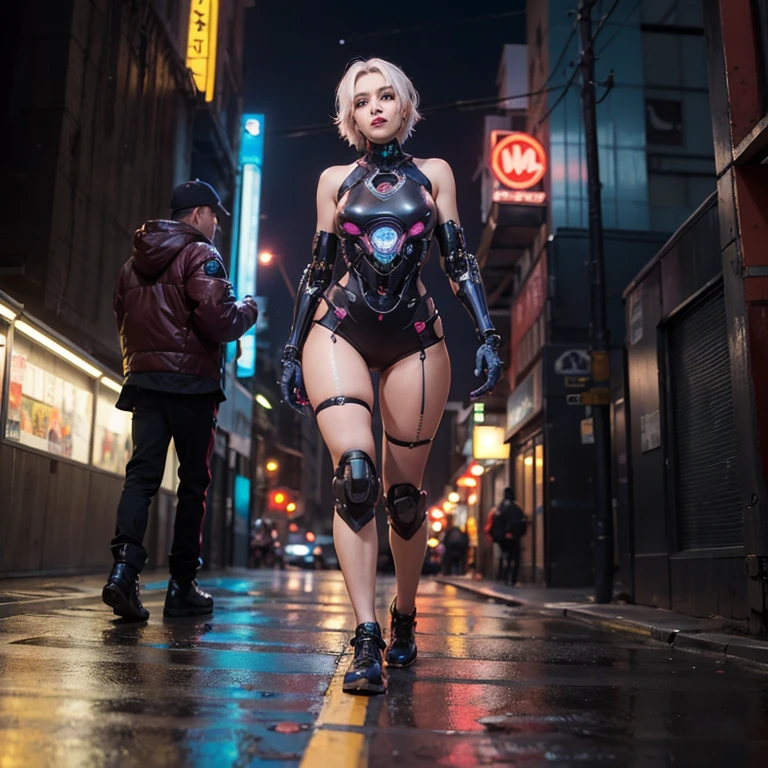((Melhor qualidade)), ((obra de arte)), (detalhado), rosto perfeitoCabelo rosa cacheado, Coxas grossas definidas pelo corpo da mulher, seios grandes, cybernetic body parts, walk towards the camera, Roupas coloridas e amarelas, cidade cyberpunk a noite