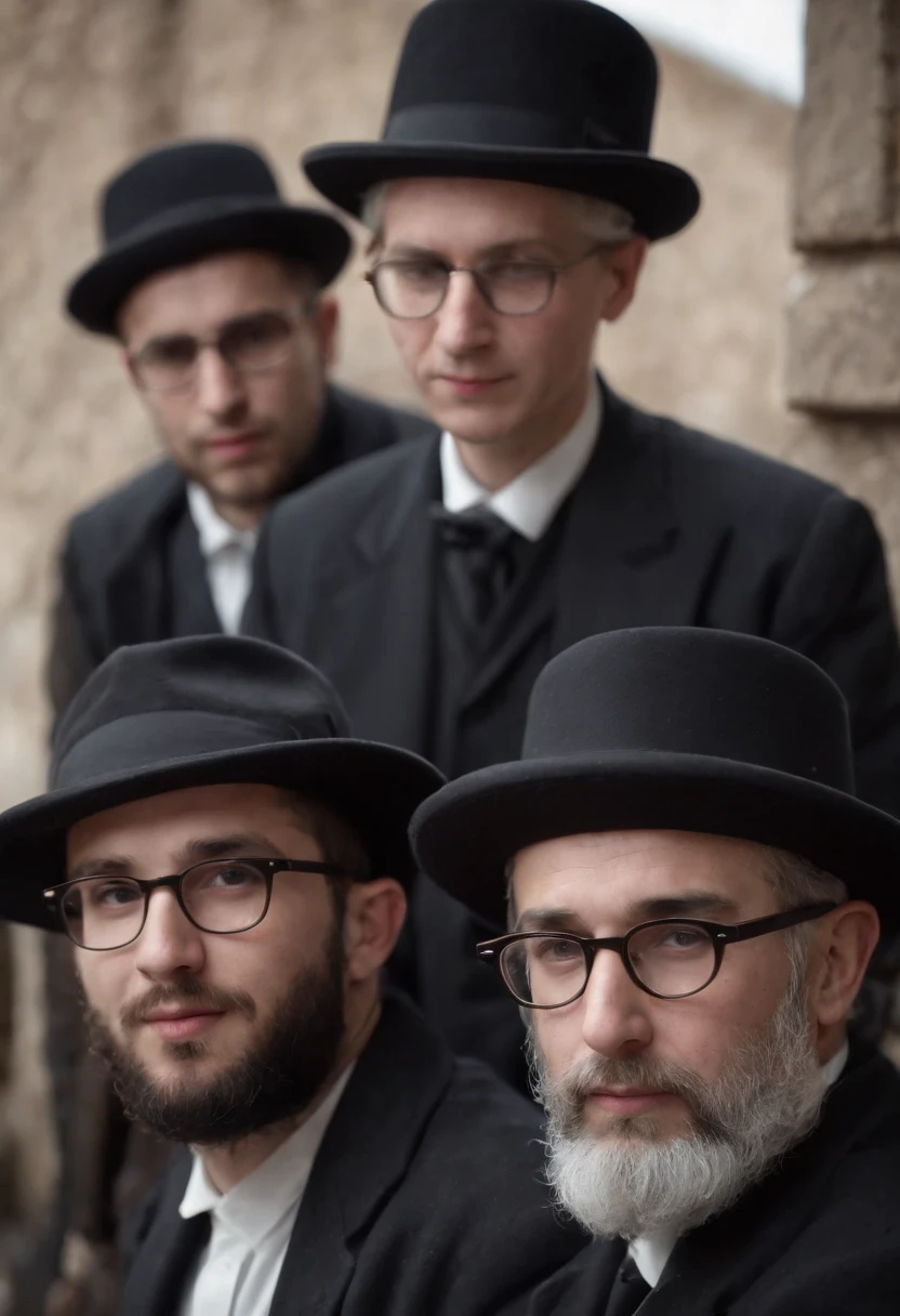 Traditional Haredi Jews,Wearing a tall bowler hat,wearing glasses,