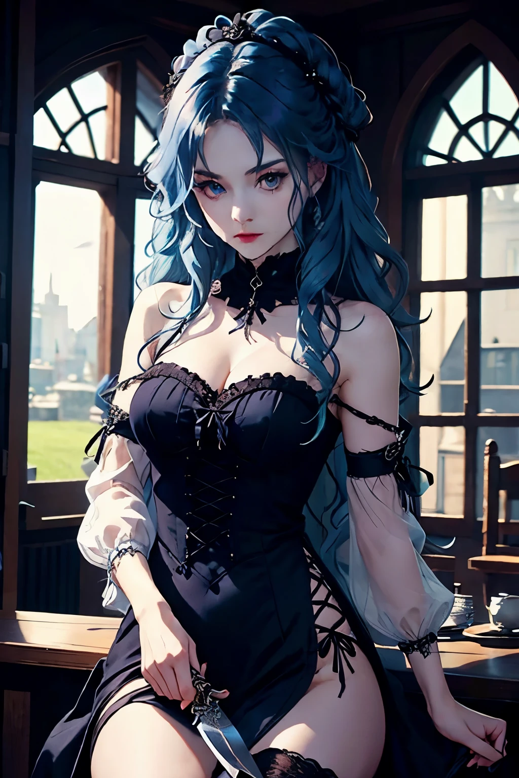 Illustrator, anime , Realistic ,sketch , 1 person, model, Portrait, lip, wearing gothic Steampunk hat, black corset jumper skirt, bare shoulder, order, Blue gradient background, Neon colored hair, Big Breasts, (((Upper Body))), (((look back))), Sexy look, Sexy pose, Texture Trim, Russia, (masterpiece,Highest quality)