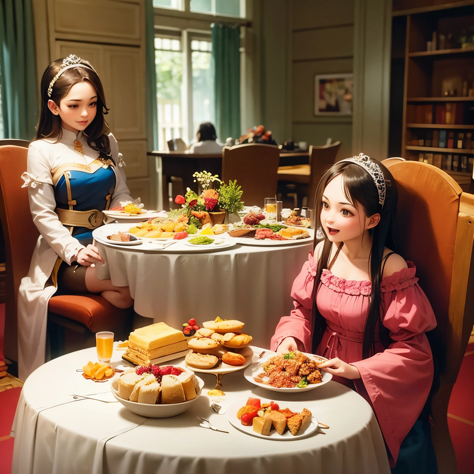 a princess with many foods on the table and have people on its side of the table