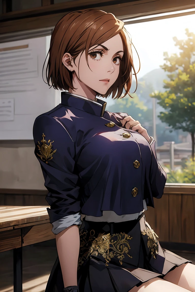 1girl, cowboy shot, beautiful Nobara, school_uniform, bangs, jacket,, volumetric lighting, best quality, masterpiece, intricate details, tonemapping, sharp focus, hyper detailed, trending on Art Station, 4k, upper body, backwards, sitting