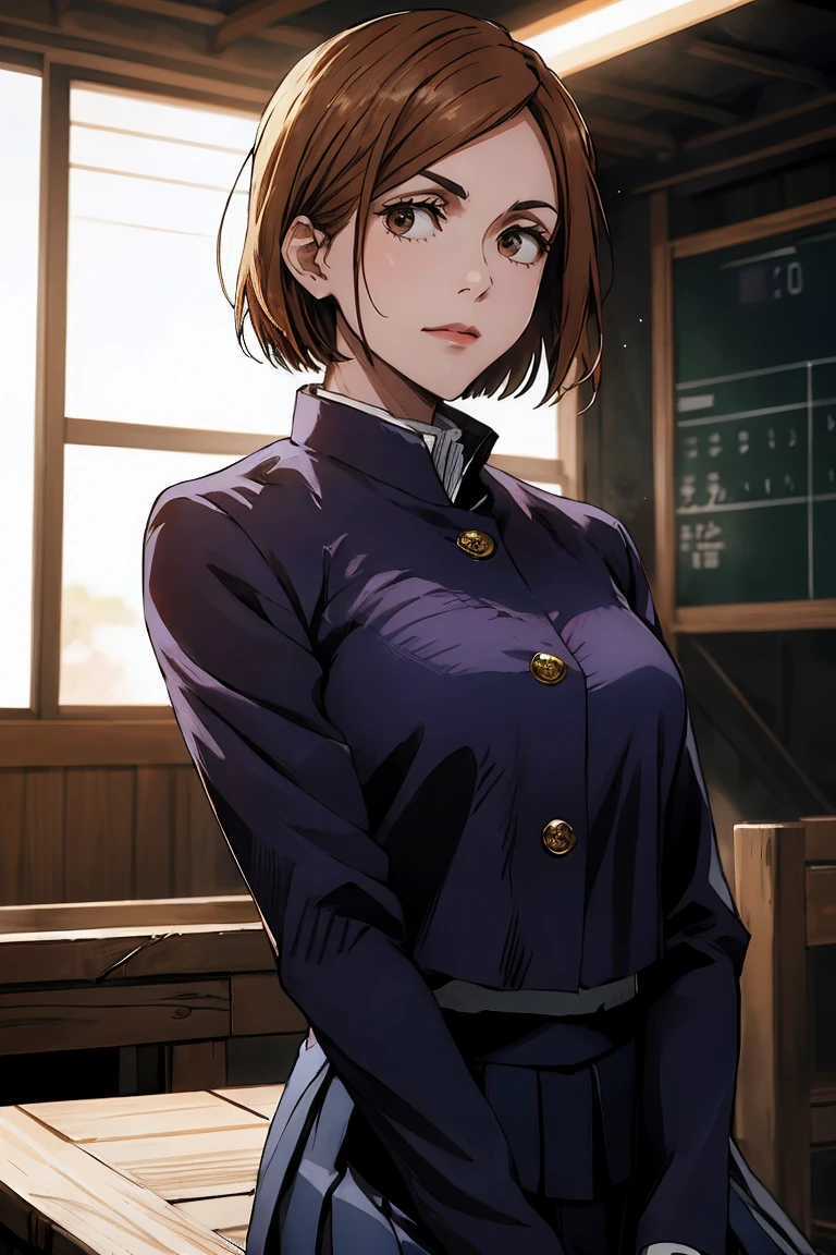 1girl, cowboy shot, beautiful Nobara, school_uniform, bangs, jacket,, volumetric lighting, best quality, masterpiece, intricate details, tonemapping, sharp focus, hyper detailed, trending on Art Station, 4k, upper body, backwards, sitting
