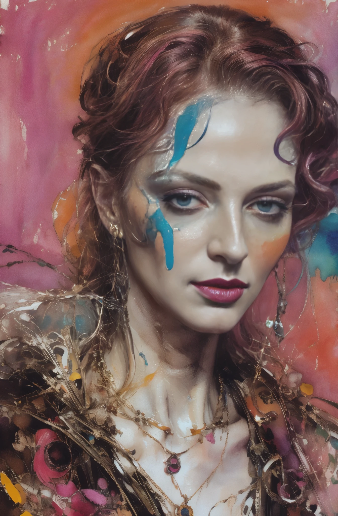 Nathalie Portmann, 25 ans, seductive look, sourire romantique, fine, brune, yeux verts, masterclass, 8K, UHD, HD, High quality, sexy, bodypainting, dans un atelier de peinture, tableaux, peinture partout sur le mur, motif de vague japonaise, topless, bodypainting, motif de tableau de la renaissance, impressionnisme, tableau renaissance peint sur le corps