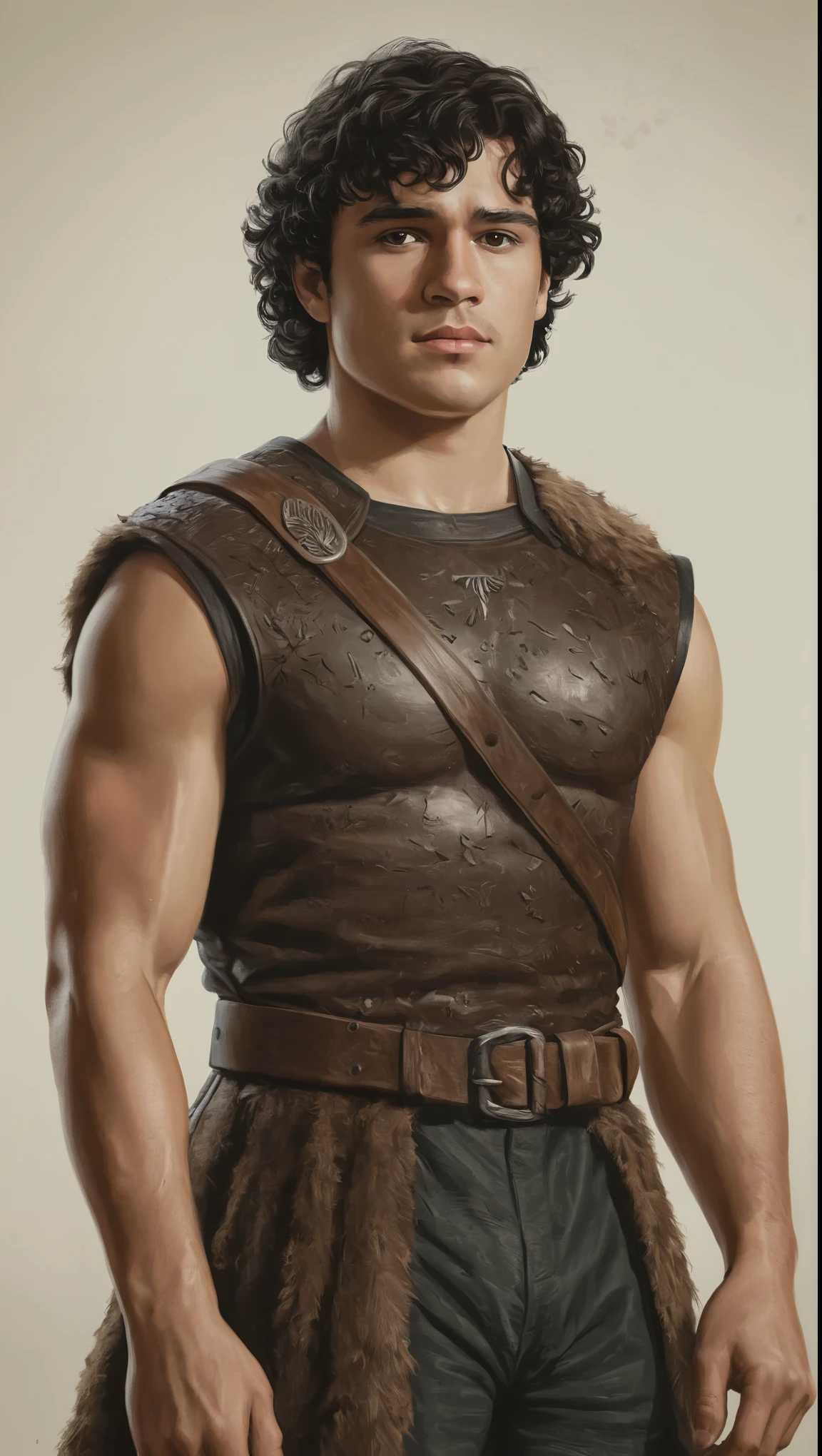 An illustrated movie poster, hand-drawn, full color, a Westerosi ranger, 28 years-old, wearing a vest, resembles Gavin Leatherwood, sun-tanned skin, stocky physique, deep brown eyes, wide bulbous nose, black hair, curly hair, thick bushy eyebrows, extremely hairy chest, stomach, and arms, lots of body hair, posing on a pedestal, hard shadows, graphite shading, stencil markings, airbrushed acrylic paint, masterpiece, in the style of Game of Thrones