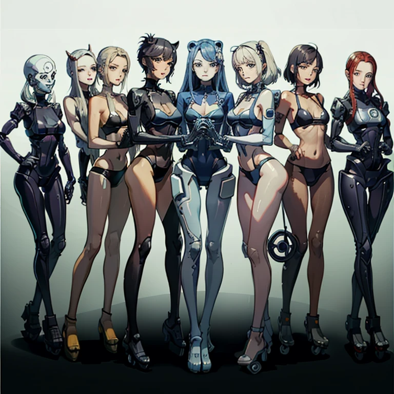 (master piece, high quality),
 (multiple women),
 14,
 All AutoﾊﾞｲA woman transformed into,
 (All have colorful internal skeletons),
 (the face is a human face),
 They all have different hair colors and hairstyles.,
 All the faces are mechanical,
 Everyone is not wearing clothes,
 Everyone&#39;s top is different,
 Everyone has a different bottom shape,
 Everyone&#39;s bottoms and tops are different colors,
 The shapes of the bottom and top are all different.,
 All have different leg shapes,
 The legs are suspension,
 All of them are wearing roller skates from the ankles down.,
 Everyone has different wheel colors,
 All rollers are automaticﾊﾞｲThe tires are,
 They all have height differences,
 The bodies bear little resemblance to each other,
 (group selfie),
 wide angle,
 soft light,
 whole body mechanics, Only the faces of all of them remain human., All standing together, Everyone smiles at the master, Group Selfie, full body shot, Nice long legs, lipstick, cute face, Everyone is showing off their bodies, retina, table top, Accurate, anatomically correct, advanced details, 最high quality, High Resolution Repair Shop