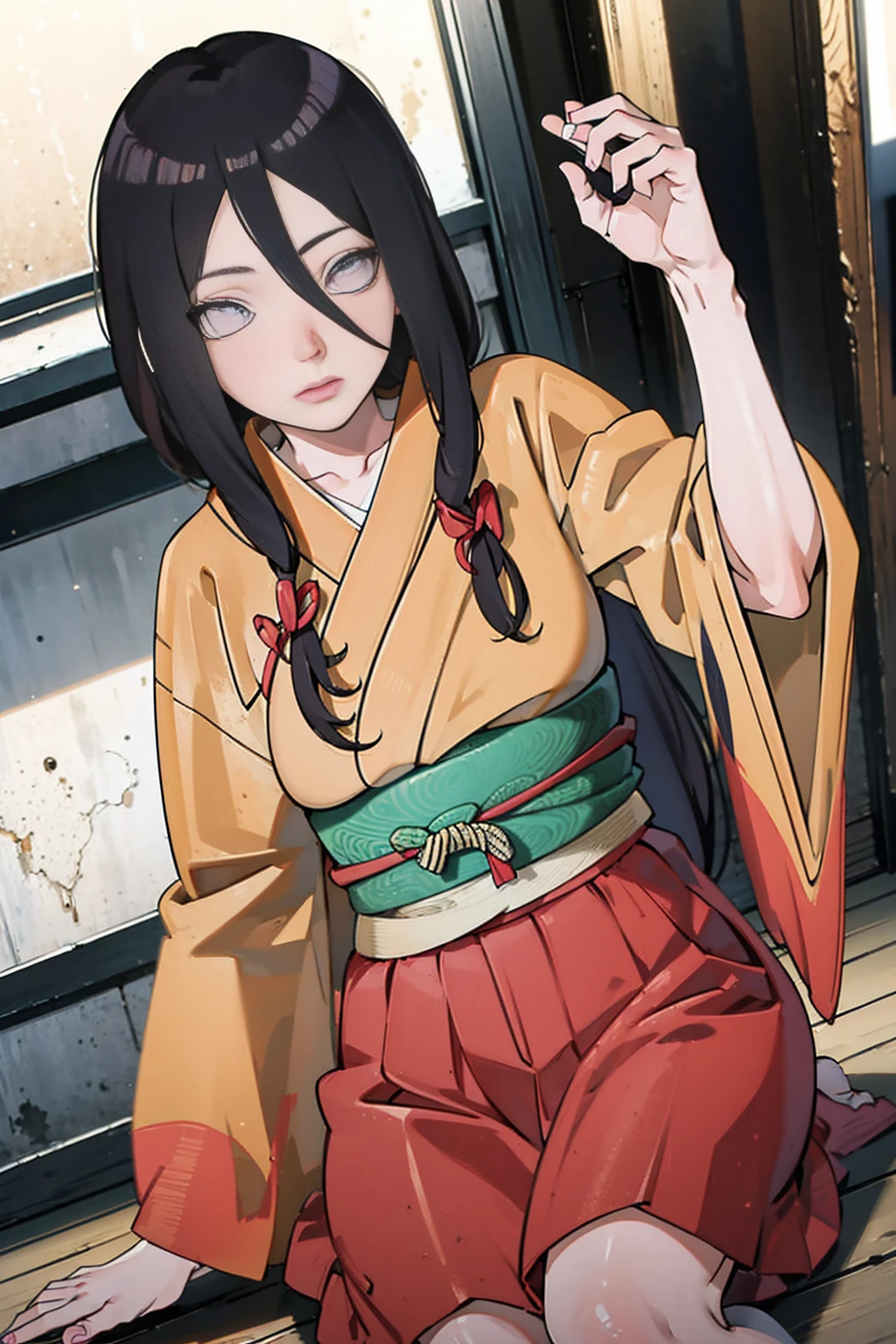tmasterpiece, hoang lap , (Complicated details), (rich colourful), movie lighting, bust, the Extremely Detailed CG Unity 8K Wallpapers , Hinata flower ratio, 1girll, solo, orange kimono, Red hakama skirt, obi strip, Wide sleeves, looking at viewert, ventania, Combat posture, Low hair tied long,dinamic poses, lilac eyes, sitting oh the floor