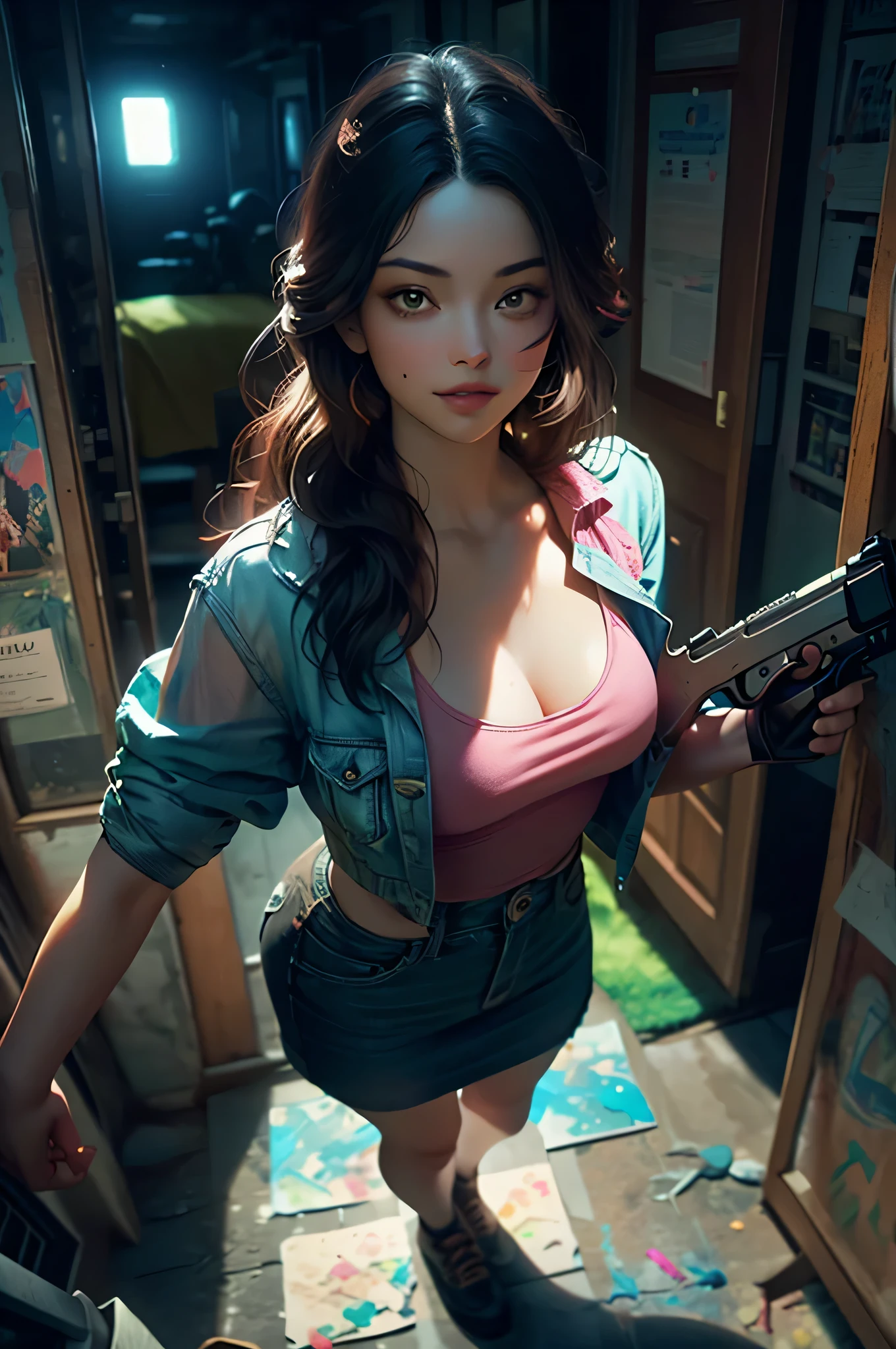 ((wide shot:1.6)), Unreal Engine:1.4, Ultra Realistic CG K, Photorealistic:1.4, Skin Texture:1.4, ((artwork 1 young woman full body:1.5)), ((black hair , green eyes, full lips and a sensual smile:1.5)), punk-style hairstyle with a shaved side:1.3, tattoos, Gatling gun, box, looking at viewer, dynamic pose, blows, ammunition belt, gloves, large breasts, Shooting, Extremely detailed:1.4, more detailed, optical mix, playful patterns, animated texture, unique visual effect, pink leather miniskirt, pink jacket, masterpiece, in the background an abandoned place with scrap metal, ((colors, cyan, green, pink, brown: 1.2)), ((8k realistic digital art.)), 32k