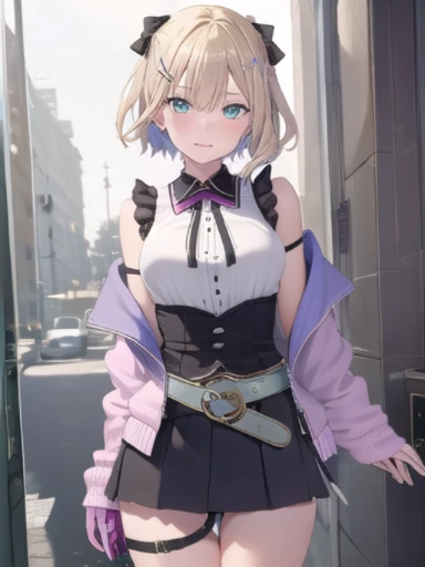 (masterpiece:1.3),((high resolution)),((high quality)),((ultra-detailed)),((game cg)),1 girl,perfect balance,perfect face,detailed face,cute face, beautiful detailed eyes, expressive eyes, pretty eyes, glossy eyes,perfect body,beautiful body, aanoah, short hair, multicolored hair, hair bow, hair ornament, neck ribbon, sleeveless shirt, off shoulder, pink jacket, open clothes, belt, skirt, thigh strap,bike shorts,shorts under skirt,smile face,closed mouth,blush,standing,