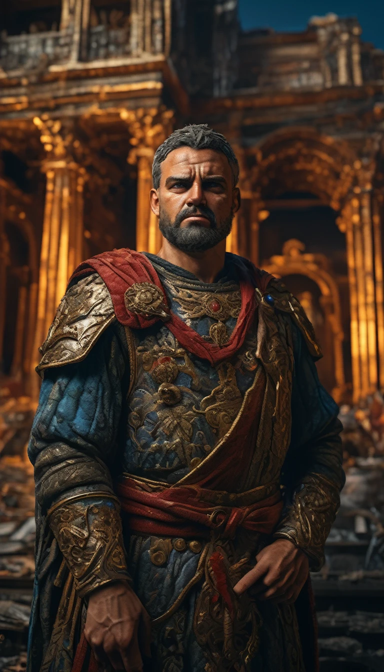 Odoacer in triumphant pose with the defeated Emperor Romulus Augustus, crumbling architecture in the background, dramatic lighting, rich colors, detailed textures, background dark, hyper realistic, ultra detailed hyper realistic, photorealistic, Studio Lighting, reflections, dynamic pose, Cinematic, Color Grading, Photography, Shot on 50mm lens, Ultra-Wide Angle, Depth of Field, hyper-detailed, beautifully color, 8k