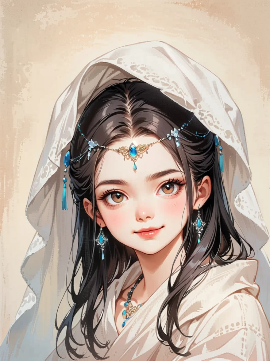 little children,long hair,black hair,(Emma Watson:0.8),(hide in blanket,curtain:1.4),stare,looking at viewer,(upper body,face focus,close up),realistic artist,(head chains,(jewelry:1.3):1.1),necklace,halter,(translucent:1.2), (see through:1.2),(intricate details:1.5),((silly,smug))