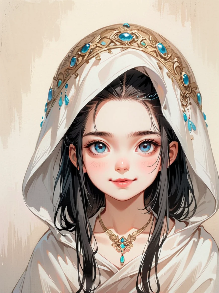 little children,long hair,black hair,(Emma Watson:0.8),(hide in blanket,curtain:1.4),stare,looking at viewer,(upper body,face focus,close up),realistic artist,(head chains,(jewelry:1.3):1.1),necklace,halter,(translucent:1.2), (see through:1.2),(intricate details:1.5),((silly,smug))