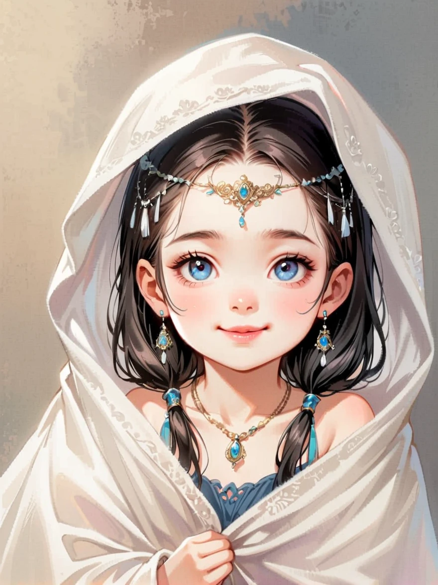 little children,long hair,black hair,(Emma Watson:0.8),(hide in blanket,curtain:1.4),stare,looking at viewer,(upper body,face focus,close up),realistic artist,(head chains,(jewelry:1.3):1.1),necklace,halter,(translucent:1.2), (see through:1.2),(intricate details:1.5),((silly,smug))