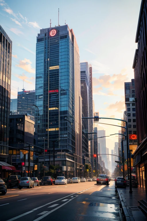 A panoramic view of a metropolis during the day where skyscrapers stand out against the sunny sky. As ruas estao congestionadas carros, reflecting off busy sidewalks and passing cars. Pessoas caminham pelas ruas lotadaa de pessoaa , desfrutando da atmosfera agitada da cidade. Ao fundo, the silhouette of distant mountains adds a sense of grandeur to the cityscape.