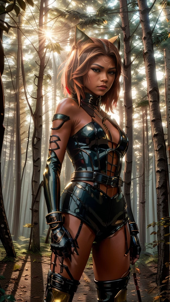, beautiful ZENDAYA ponygirl, front view, full body, standing, wearing a BLOODRED latex catsuit, high stepping, with a black corset, hoof boots, bitgag, blinkers, and collar, holding hoof gloves. The scene is set in a forest path with lush foliage, during the golden hour. The artwork is medium: digital illustration. The image is of the best quality, with 4K resolution, ultra-detailed, and realistic. The lighting is focused on Zendaya, creating a dramatic and captivating atmosphere. The color palette is rich and vibrant, with warm tones that enhance the magical and enchanting feel of the artwork.

