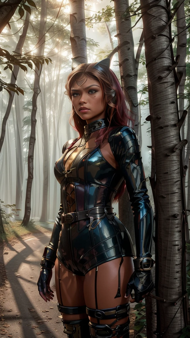 , beautiful ZENDAYA ponygirl, front view, full body, standing, wearing a BLOODRED latex catsuit, high stepping, with a black corset, hoof boots, bitgag, blinkers, and collar, holding hoof gloves. The scene is set in a forest path with lush foliage, during the golden hour. The artwork is medium: digital illustration. The image is of the best quality, with 4K resolution, ultra-detailed, and realistic. The lighting is focused on Zendaya, creating a dramatic and captivating atmosphere. The color palette is rich and vibrant, with warm tones that enhance the magical and enchanting feel of the artwork.
