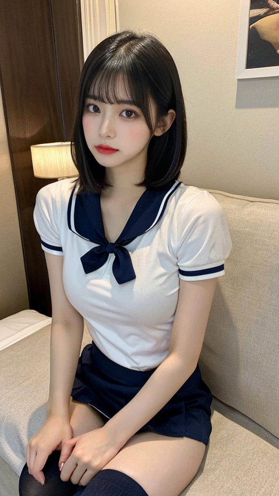 muste piece, best quality, illustration, Super detailed, fine details, High resolution, 8K,wall paper, perfect dynamic composition,(Details High quality, realistic depiction of eyes:1.3), The upper body is wearing school-designated short-sleeve gym uniform.、tight navy bloomers、sitting with legs apart, big breasts, short bob hair、black hair color, Big Natural Color Lip, bold sexy pose, (perfect body shape), crying a little、cold gaze, Harajuku style、20 year old girl、cute type、lolita、beautiful legs, hotel room, gravure idol