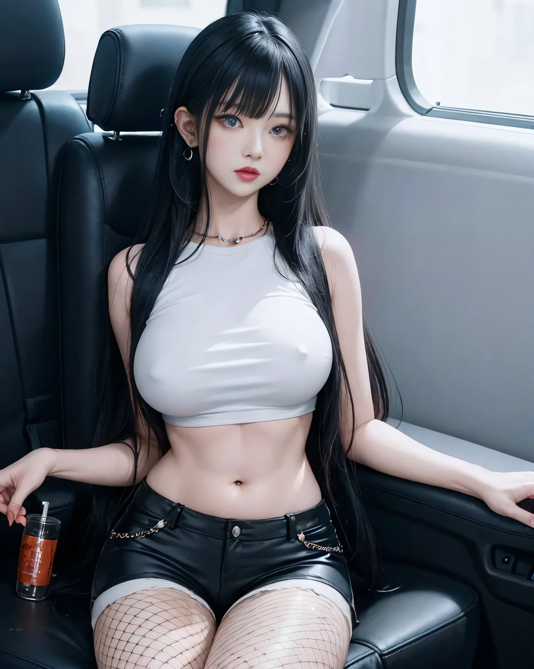 goth woman, (goth makeup), (white skin), (T-shirt and skinny mini shorts), (Show below ), (Fishnet tights), (belly button jewelry), (earrings), (earrings lips), blue eyes, Short messy cream yellow emo hair, (bedroom background), thick thighs, big breasts, (8K), (wallpaper), (dynamic lighting), (detailed face and eyes:1.2)、big breasts、(car passenger seat)