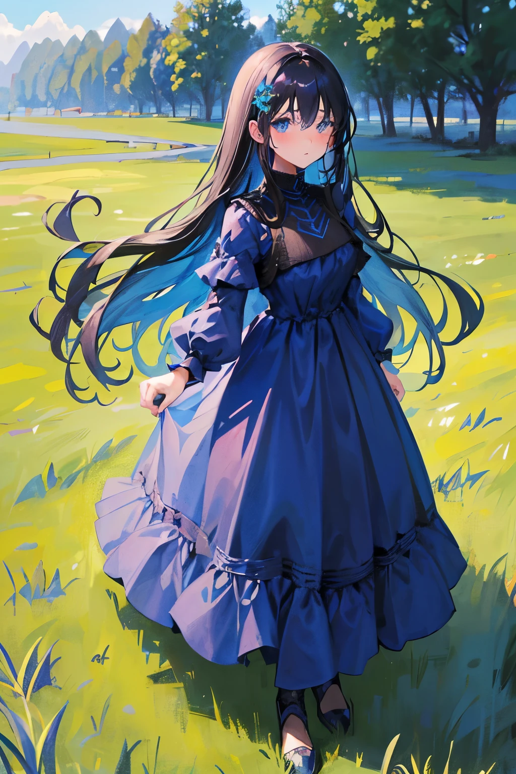 1girl, Black straight long hair, blue eyes, (Detailed face), Full body, ((intense Blue dress)), medieval, (Grasslands bakcground), masterpiece, black pants, (cute face), (blush), nervous expresion, standing