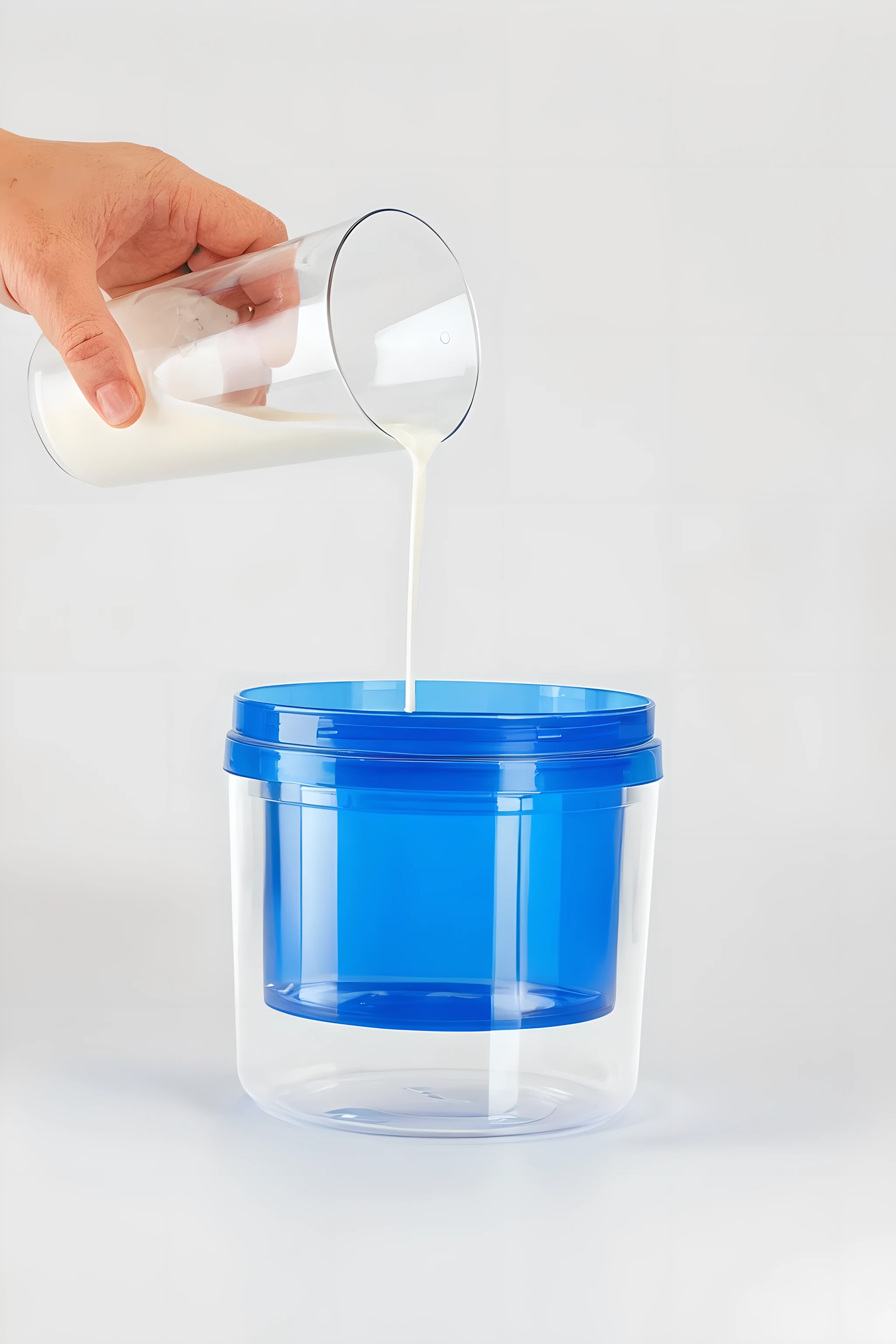 The focal point is a high-transparency bright plastic container with a perfect plastic blue lid. The glass is extremely smooth and reflects soft light. Clean without any stains, showing the purity and high-end of glass products. The plastic cover has an intense glossy texture and its high-gloss spots accurately reflect ambient light, making its high-quality material instantly recognizable. A hand from the left holds a glass of milk and pours it down. The entire background is in gray and white tones, enhancing the comfort of home and homemade food.