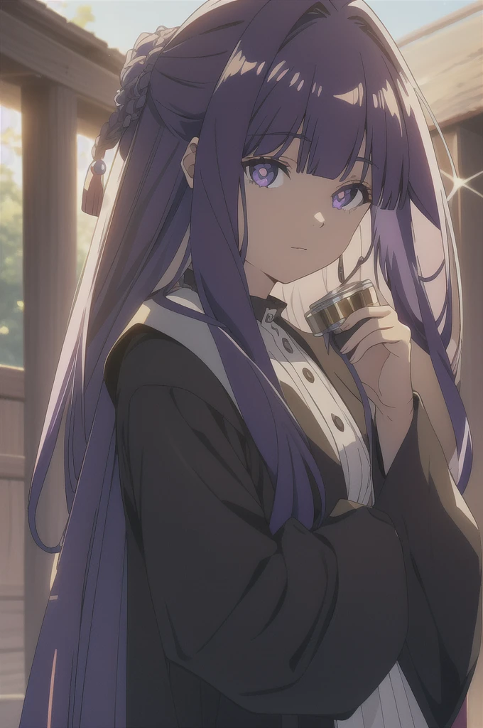 は²ä¸¸,1 girl,alone,purple hair,long hair,purple eyes,dull bangs,side lock,half up hair,bright瞳孔, hair ornaments,Ruffled collar,black robe,white dress,center ruffle,button,wide sleeve,long sleeve,crooked,cowboy shot,, exquisite visuals, High resolution,masterpiece,Highest quality,, 20 years,young woman,beautiful指,beautiful長い脚,beautiful体,beautiful鼻,beautifulキャラクターデザイン, perfect eyes, perfect face,expressive eyes, looking at the viewer, official art,Highly detailed CG Unity 8K wallpaper, perfect lighting,colorful, bright_front_face_lit,shiny skin, (masterpiece:1.0),(Highest_quality:1.0), 超High resolution,4k,Super detailed, photo shoot, 8K, HDR, High resolution, disorganized:1.2, kodak portrait 400, film grain, blurred background, Bokeh:1.2, Lens flare, (lively_color:1.2), (beautiful_face:1.5),(narrow_waist), ,NSFW,