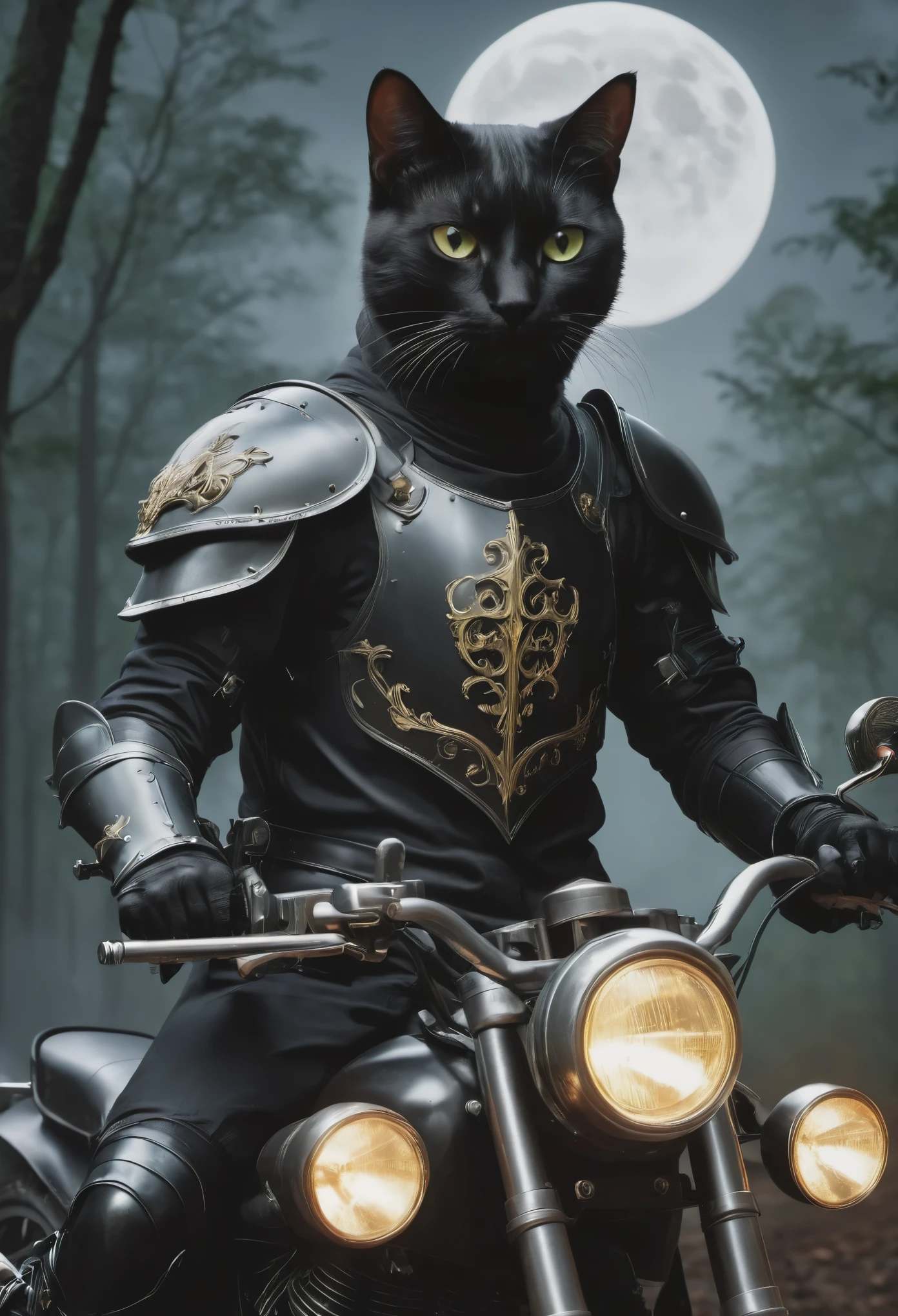 High resolution, high quality, masterpiece.Anthropomorphic cat Wearing the armor of a knight, Riding a motorcycle, black style, Wearing the armor of a knight, Riding a motorcycle. dark forest, The moon in the sky, fog, the eyes of ghosts sparkle in fog., Movietic light, many details, actual, 4K, Movie, epic, Armor highlights, Neon atmosphere, abstract black oil, Gear Machinery, Detailed acrylic, Rubbish, Complexity, Rendered in Unreal Engine, photoactual Hyperdetalization. Surrealism. dramatic light.