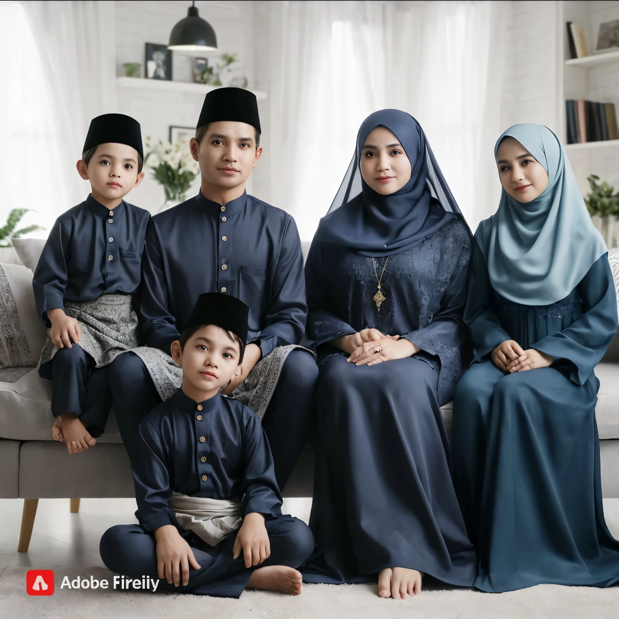 Family photo from Indonesia, five members. A pair of parents, both 50 years old, sitting on a sofa, holding their 3--old . One 6-year-oly ande 14-year-old gi, aressen typical Malay Muslim attire and long navy blue coordinated sharia robes with matching hijabs. The photo was taken in a bright living room in a studio, with white lighting, Islamic decorations, and a green flower vase. SUPER DETAIL, realistic, ultra HD, 16K