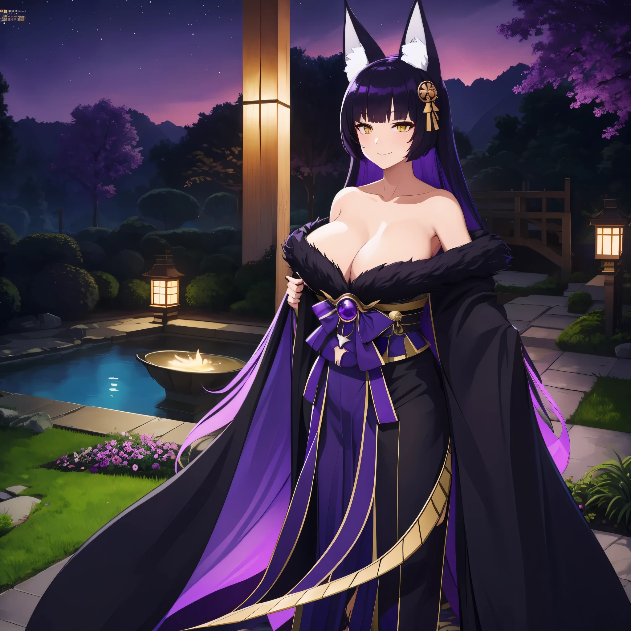 A woman wearing a kimono with a short dark purple skirt, dark purple fur cape, kitsune ears, kitsune tail, multi tail, large breasts, in a Japanese garden at night, with purple rays in the sky, yellow eyes, smiling,HDR, ultra resolution, very detailed, masterpiece, ultra quality, 4K HD.