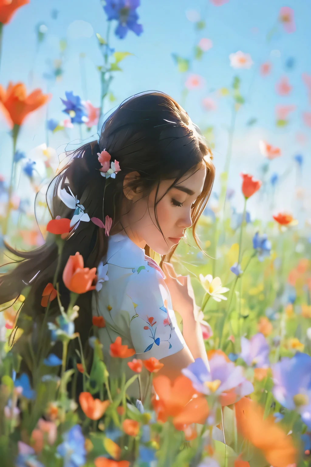 a woman with long hair standing in a flower field, in a flower field, by 양J, The Girl in the Flower Garden, beautiful picture, a goddess in a flower field, beautiful digital painting, girl in flowers, beautiful character drawings, sitting in a flower field, In a field with flowers, The Girl in the Flower Garden 정면, Lee Song