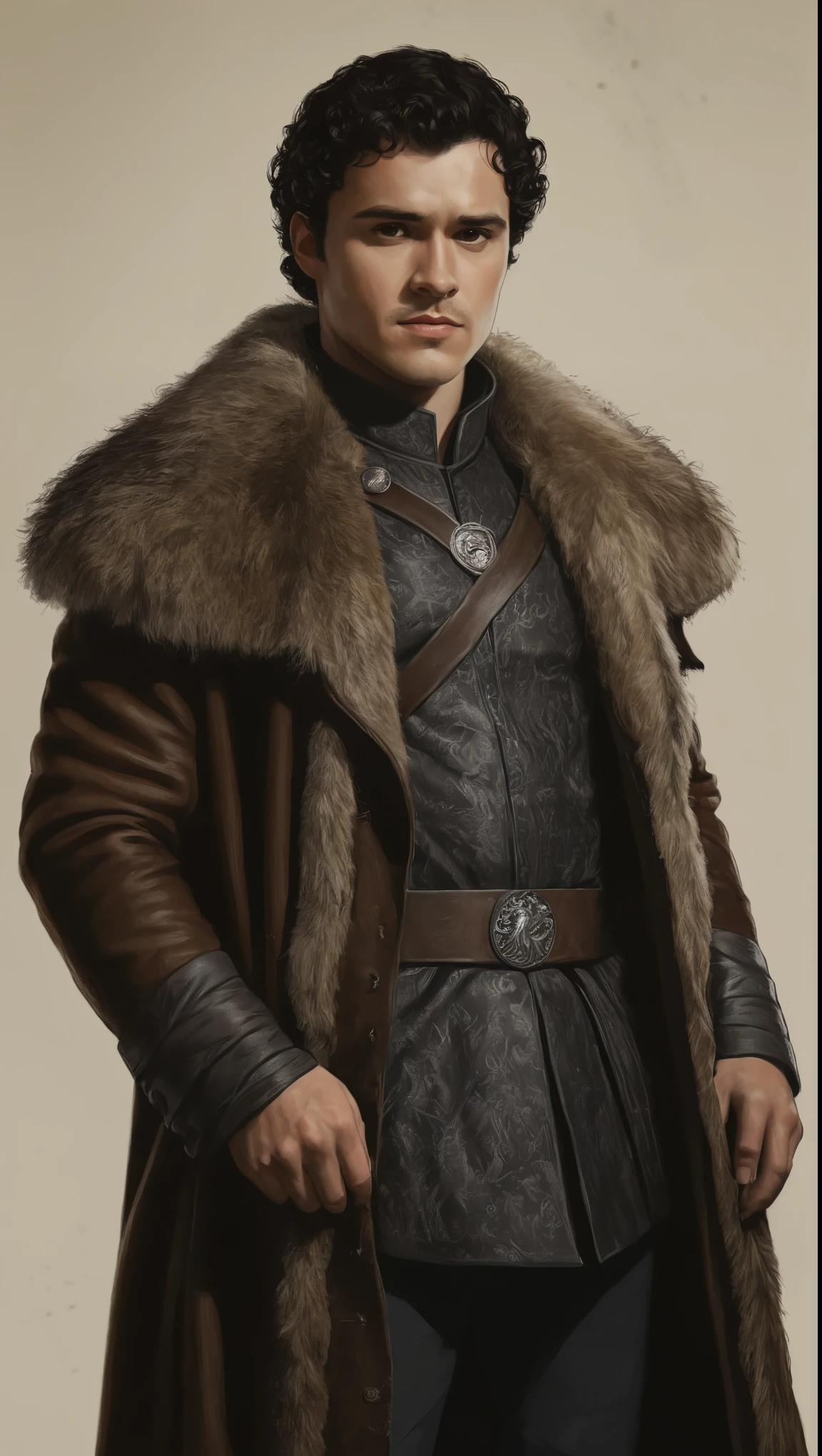 An illustrated movie poster, hand-drawn, full color, a Westerosi nobleman, 28 years-old, wearing a regal coat, resembles Gavin Leatherwood, sun-tanned skin, stocky physique, deep brown eyes, wide bulbous nose, black hair, curly hair, thick bushy eyebrows, extremely hairy chest, stomach, and arms, lots of body hair, posing on a pedestal, hard shadows, graphite shading, stencil markings, airbrushed acrylic paint, masterpiece, in the style of Game of Thrones