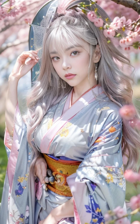 (Beautiful model appearing in Japanese clothing commercial, Beautiful long silver mesh hair swaying in the wind), (alone), ((face is 80% beauty and elegance, 20% pretty and cute:1.5)), (Her roots are in Eastern Europe and Asia), clear eyes, (fine eyes, light brown eyes, bright pupils), double eyelid, (Slightly thick and sexy lips:1.2), Super detailed and incredibly high resolution silver long Kimono, Highly detailed facial texture, impressive body shape, Curvaceous and very attractive woman, (The color of the long kimono is 95% pink and 5% lapis lazuli:1.5), High resolution RAW color photography professional photography, break ultra high-resolution textures, High resolution body rendering, Big eyes, an unparalleled masterpiece, incredible high resolution, Super detailed, stunning ceramic skin, break (Made with plenty of Rinpa silver.、琳派風のshiny redい振袖を着ています。.), (The main color is Rinpa&#39;shiny red.), (丁寧に作られた日本の古典的なshiny redい振袖), ((The embroidery pattern is a Japanese painting style of lapis lazuli birds, cloud, Mountain, river, and flowers)), (A lapis lazuli obi that matches this kimono), ((Delicate and elegant embroidery、shiny redい振袖)), (The background is sparkling silver diamond dust emitted from the moon，Cherry tree:1.5) break ((highest quality, 8K)), sharp focus:1.2, (layer cut, big:1.2), (beautiful woman with perfect figure:1.4), (Beautifully shaped breasts:1.3), thin waist, (correct hand shape:1.5), (full body shot | Rear view)