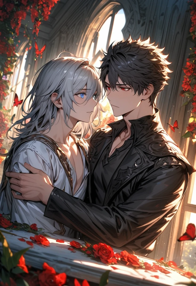 absurdres, highres, ultra detailed, HDR), masterpiece, Lucilius, white medium hair, hair between the eyes, white tunic, expressive blue eyes, Belial, black short hair, hair between the eyes, expressive red eyes, black clothes, 2men together, gay couple, handsome, granblue fantasy, red flowers, red butterflies, window